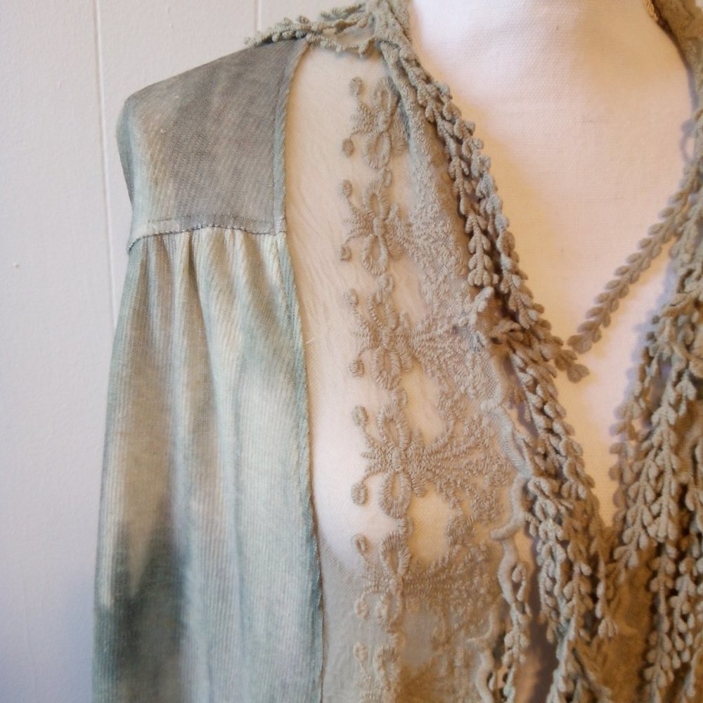 One World Sage Green Tie Dye Lace Fringe Duster Cardigan Size: Large - Picture 4 of 14